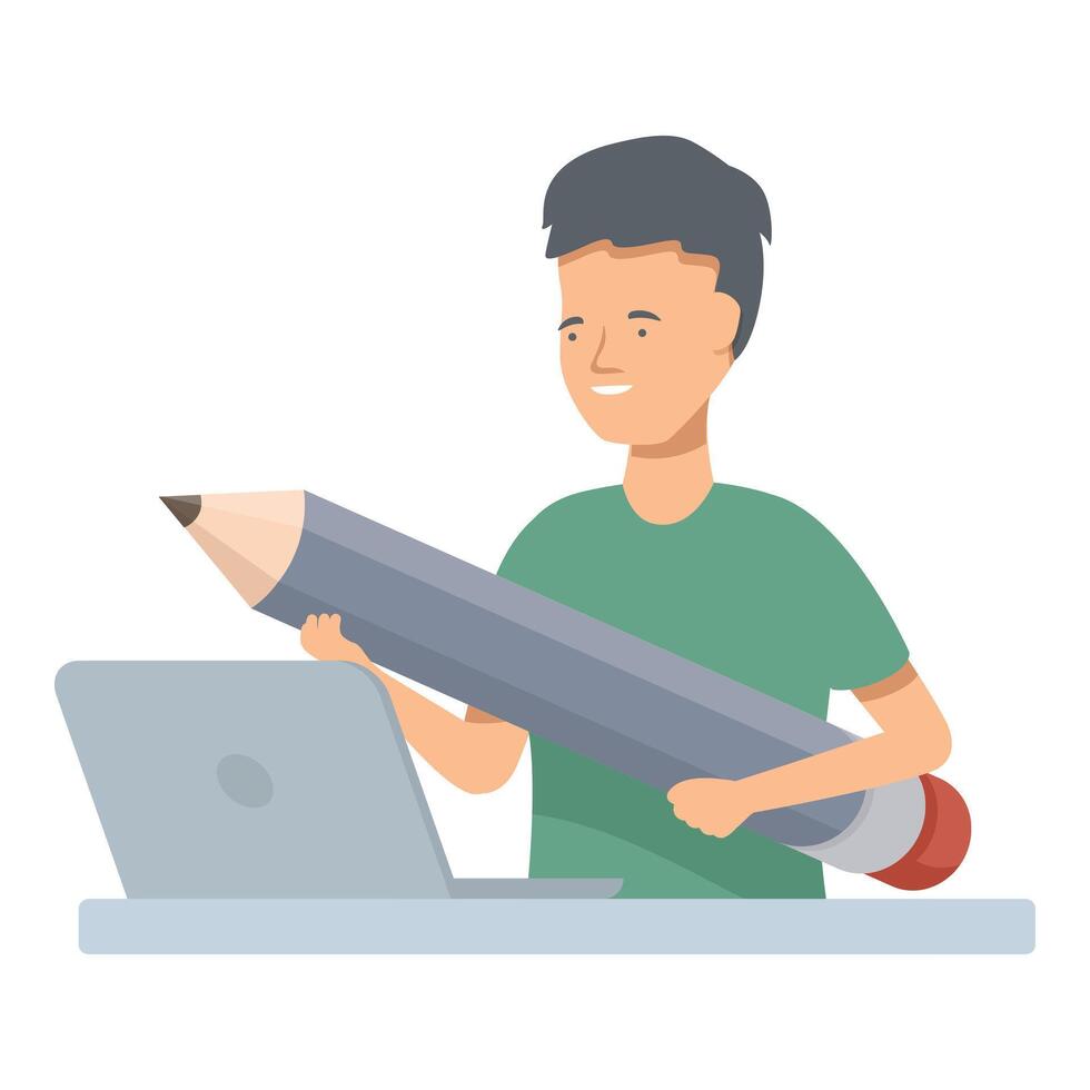 Young man working on laptop and holding big pencil vector