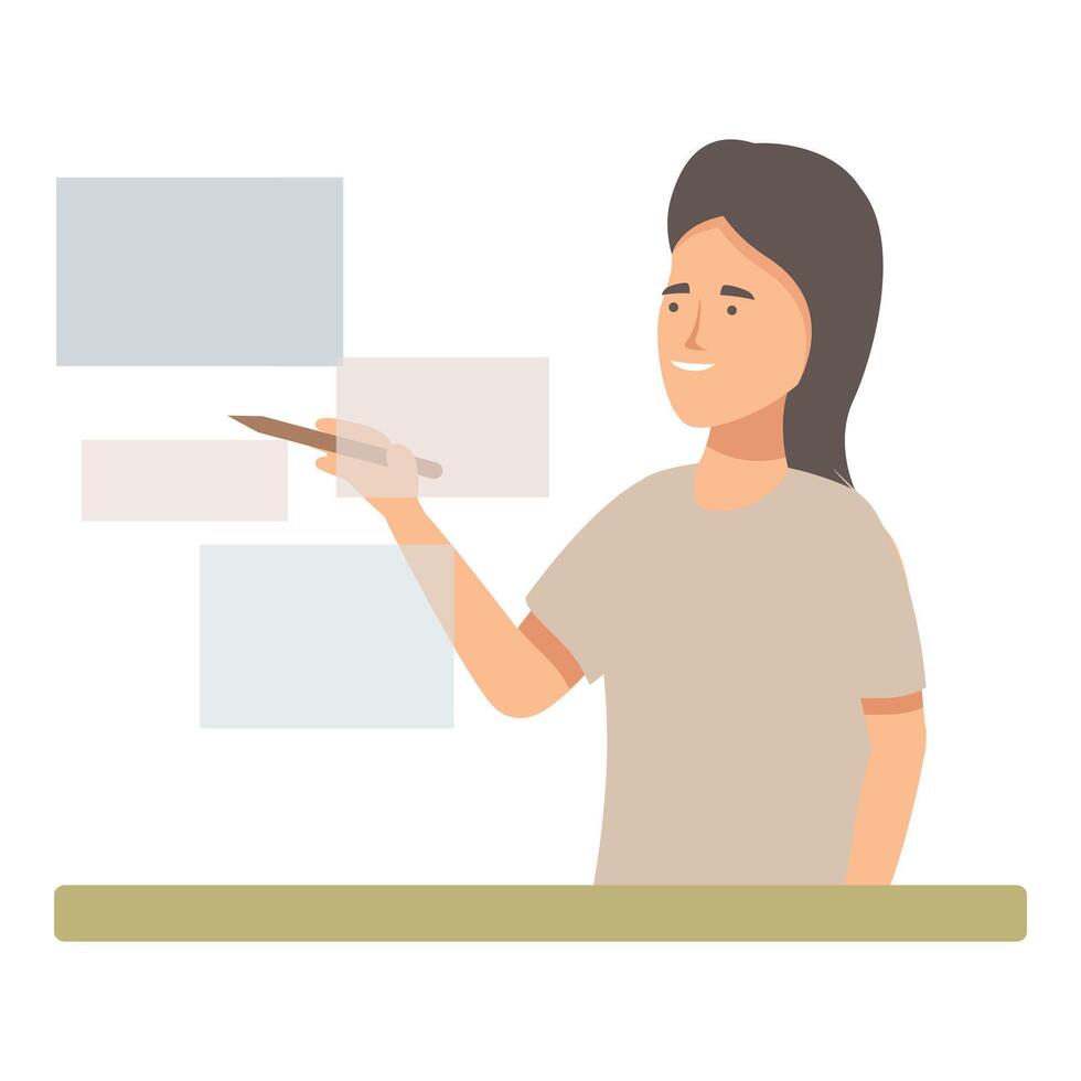 Young woman teacher explaining on whiteboard using wooden pointer vector