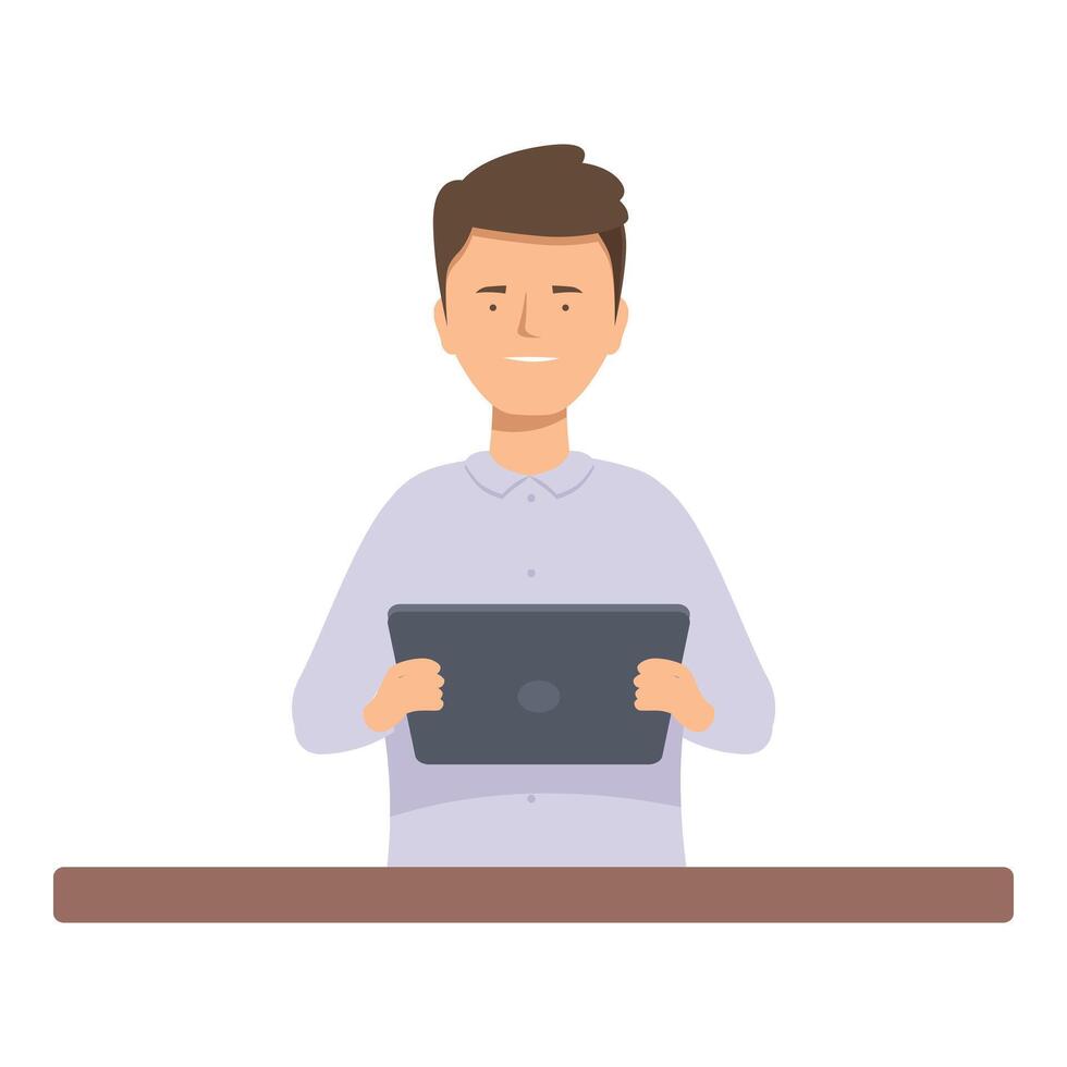 Young man sitting at desk holding tablet computer vector