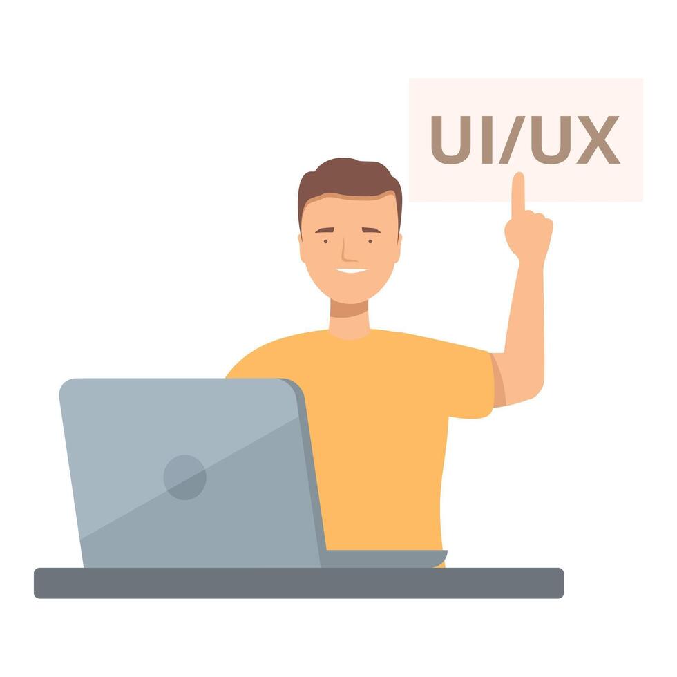 Web designer pointing at uiux sign while working on laptop vector