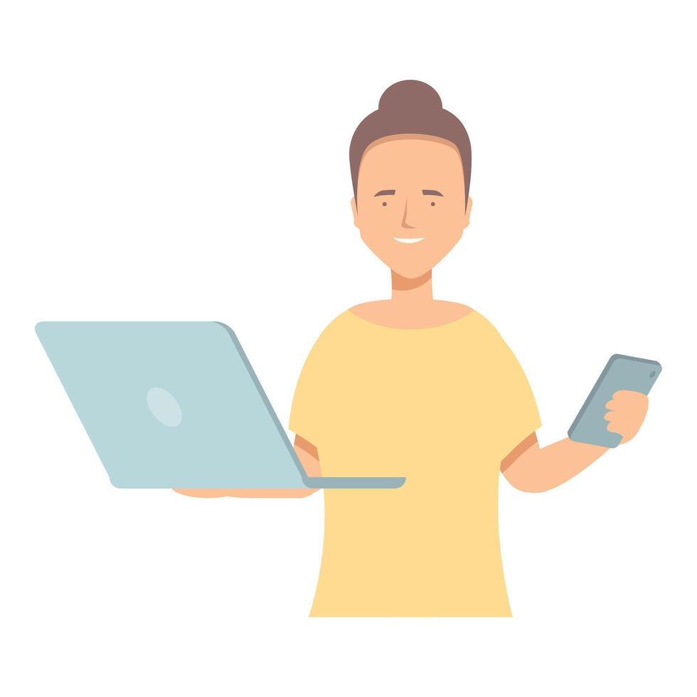 Young woman holding laptop and smartphone is using technology for work or study vector