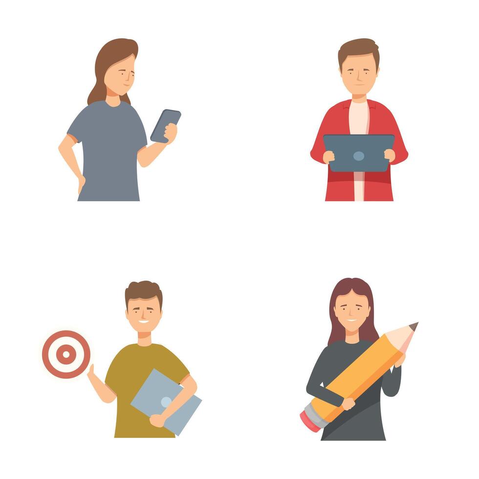 Set of cartoon young professionals using tools vector