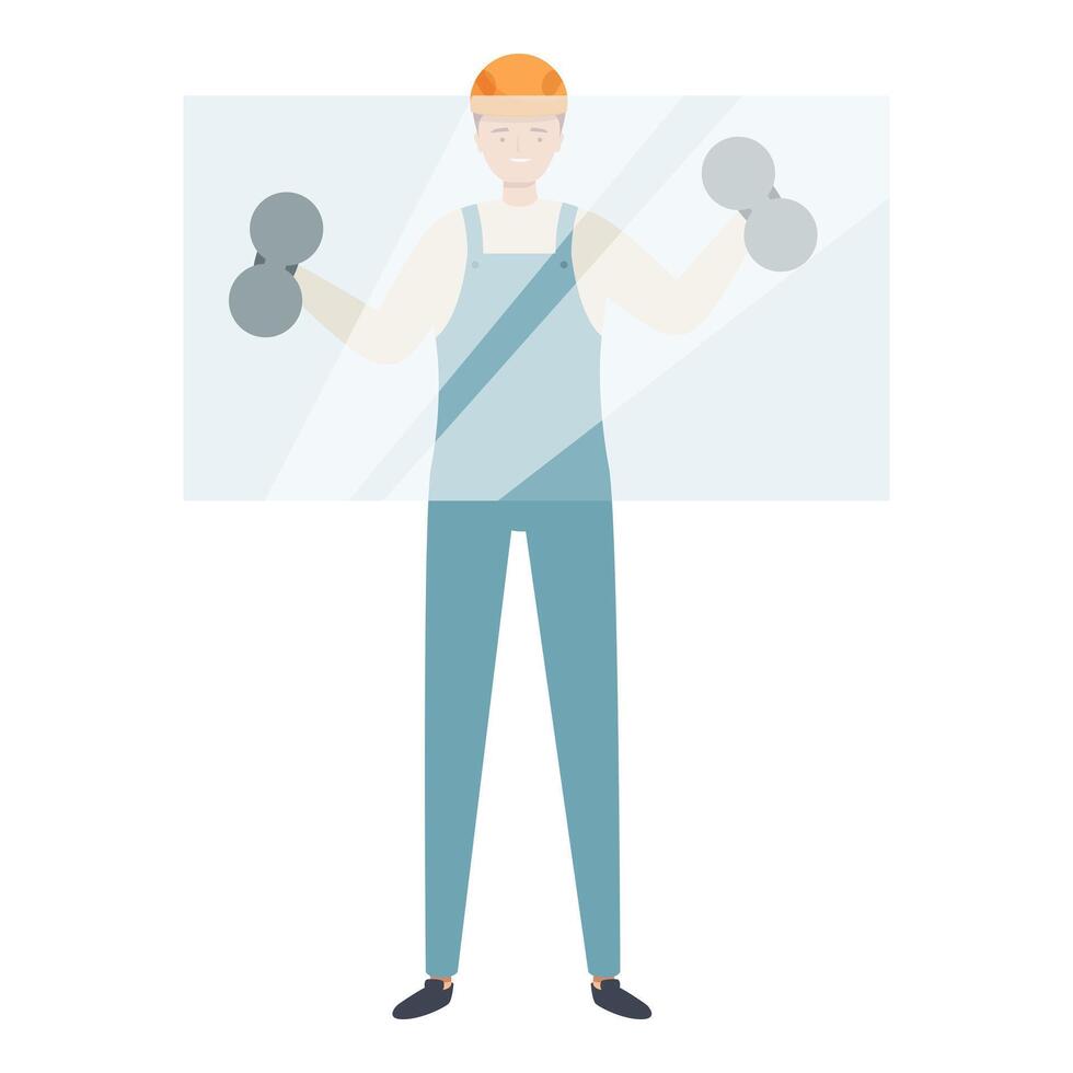 Construction worker in uniform and hard hat installing glass pane using suction cups vector