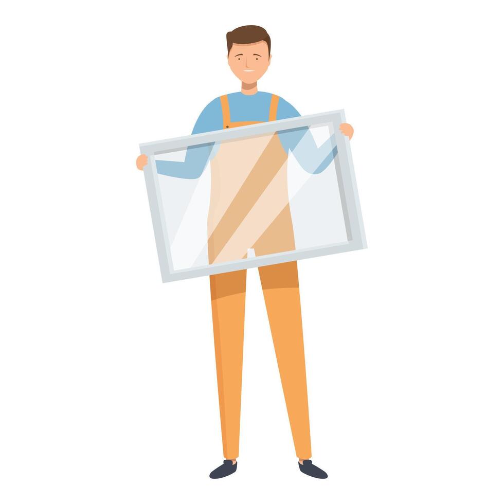 Smiling glazier holding a window pane, home renovation concept vector