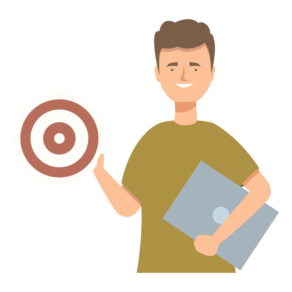 Young man holding laptop pointing at target symbol vector