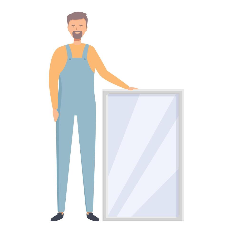 Glazier holding big window glass pane smiling at work vector