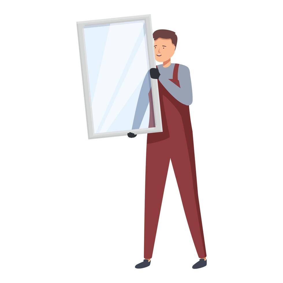 Glazier holding big glass window pane smiling and walking vector