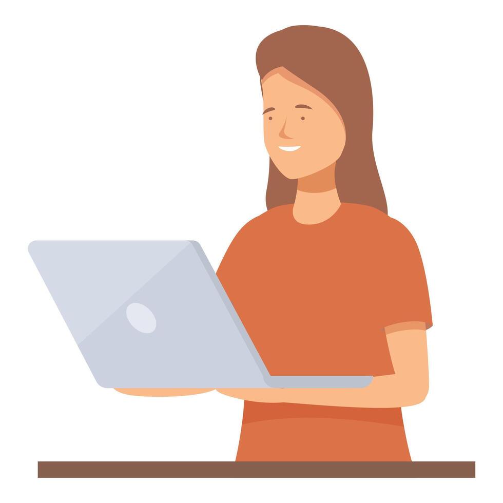 Young woman working remotely from home office using laptop vector