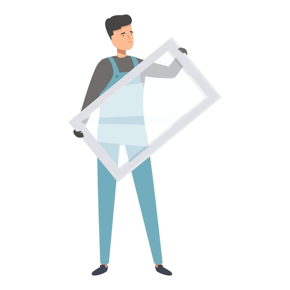 Glazier holding big window glass pane while working vector