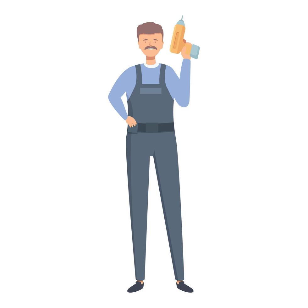 Smiling construction worker holding electric drill wearing overalls and tool belt vector
