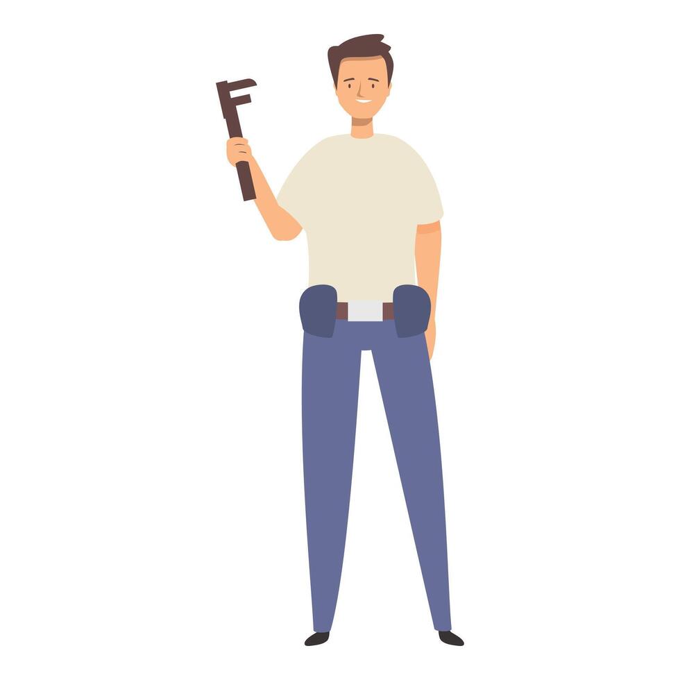 Handyman holding adjustable wrench smiling at client vector