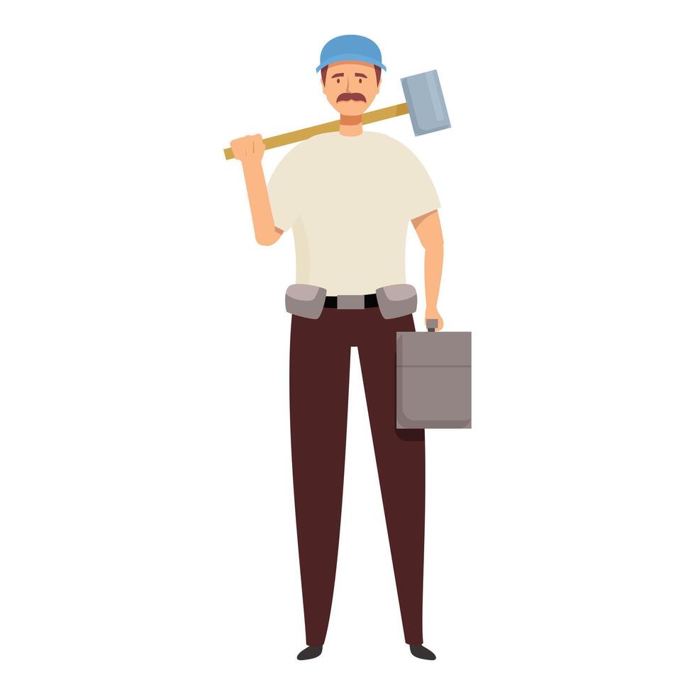 Construction worker holding sledgehammer and tool box vector