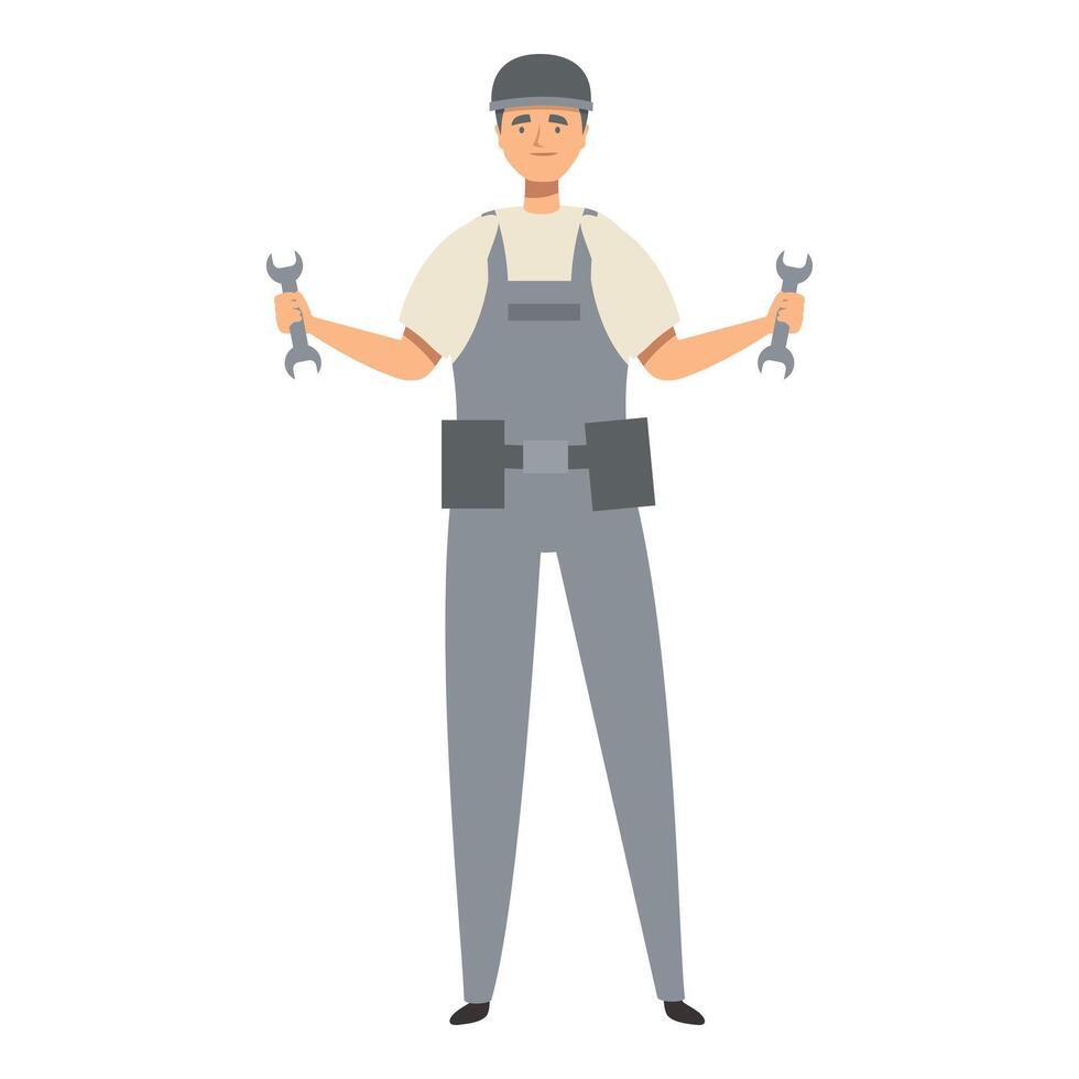 Mechanic holding wrenches wearing overalls and hardhat vector