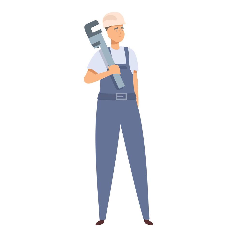 Plumber holding pipe wrench standing proudly vector