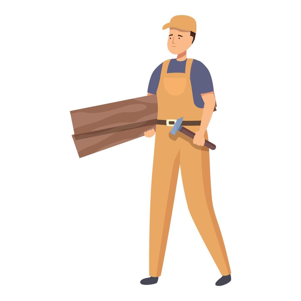 Construction worker is walking and carrying a wooden plank and a hammer vector