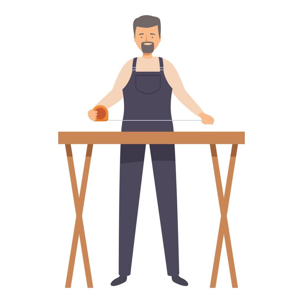 Carpenter is measuring a wooden plank on a workbench vector
