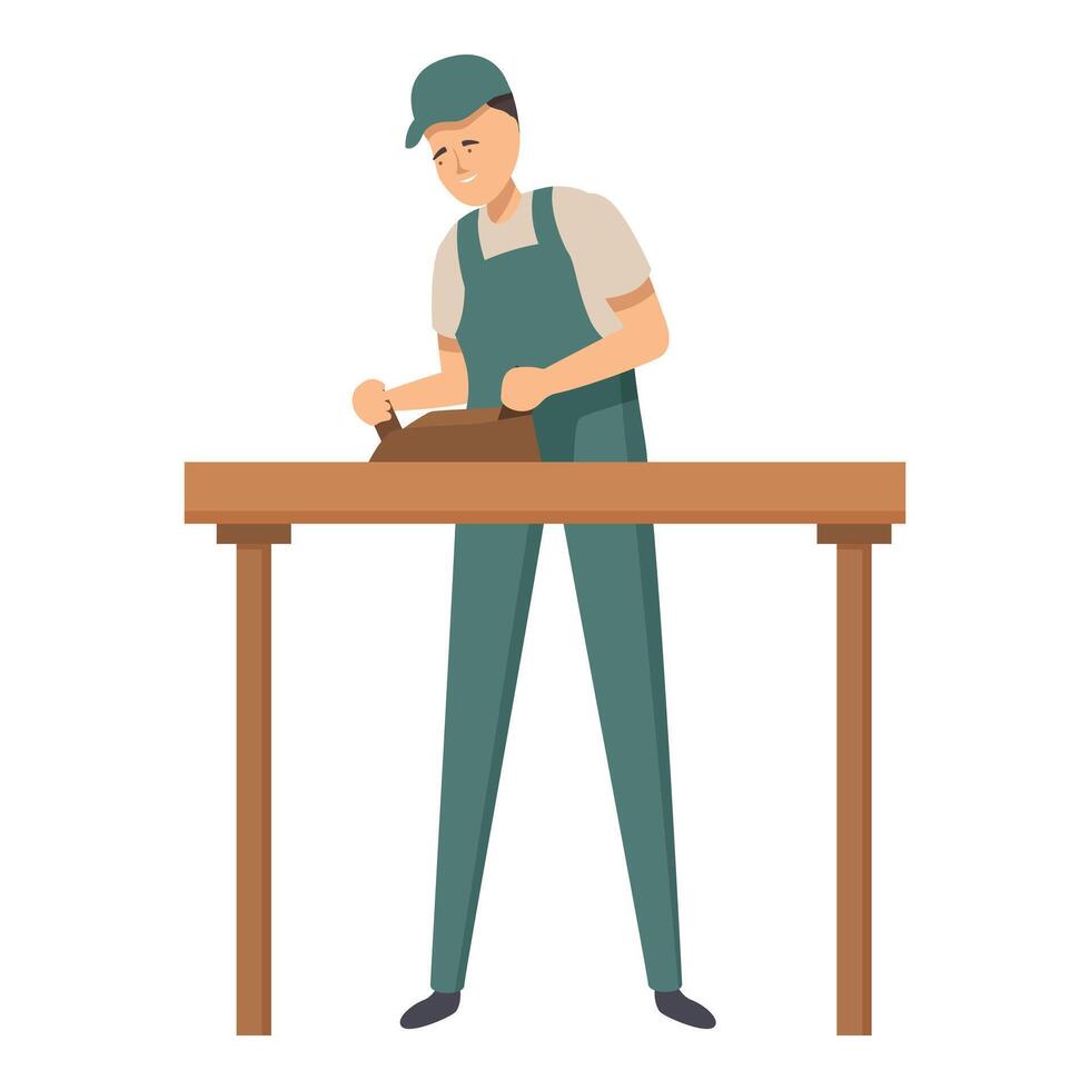 Carpenter working wood using plane tool on top of workbench in his workshop vector