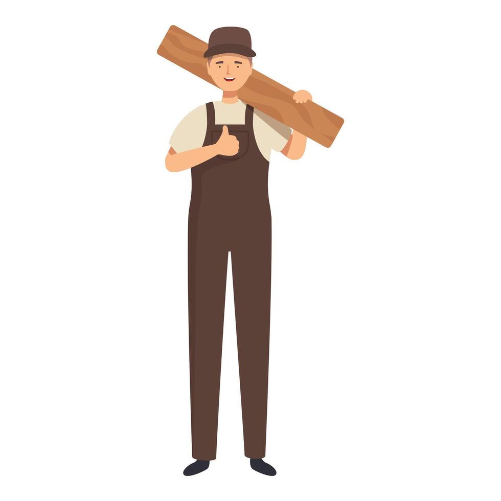 Confident carpenter holding wooden plank and showing thumb up gesture vector