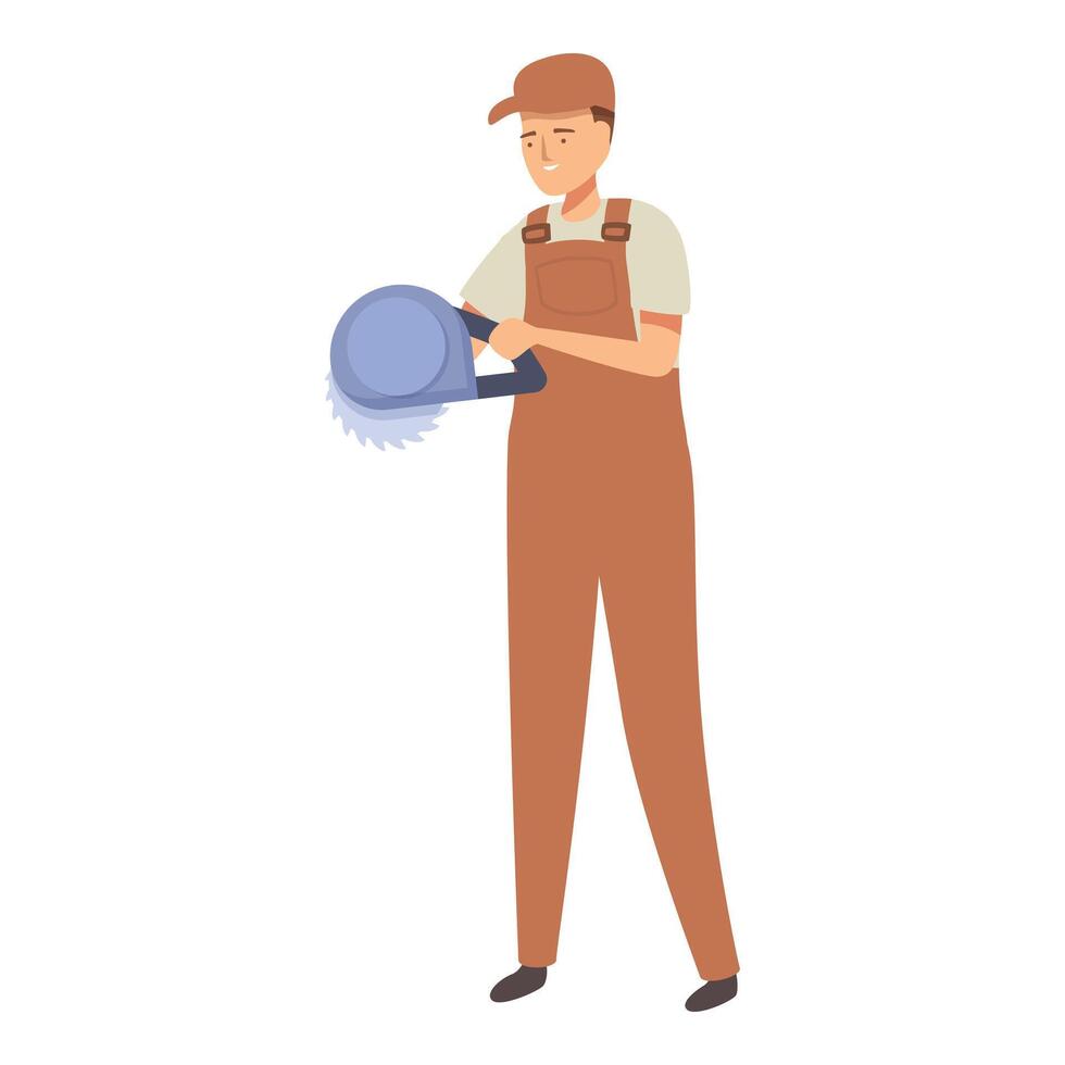 Construction worker is holding a circular saw, ready to start cutting vector
