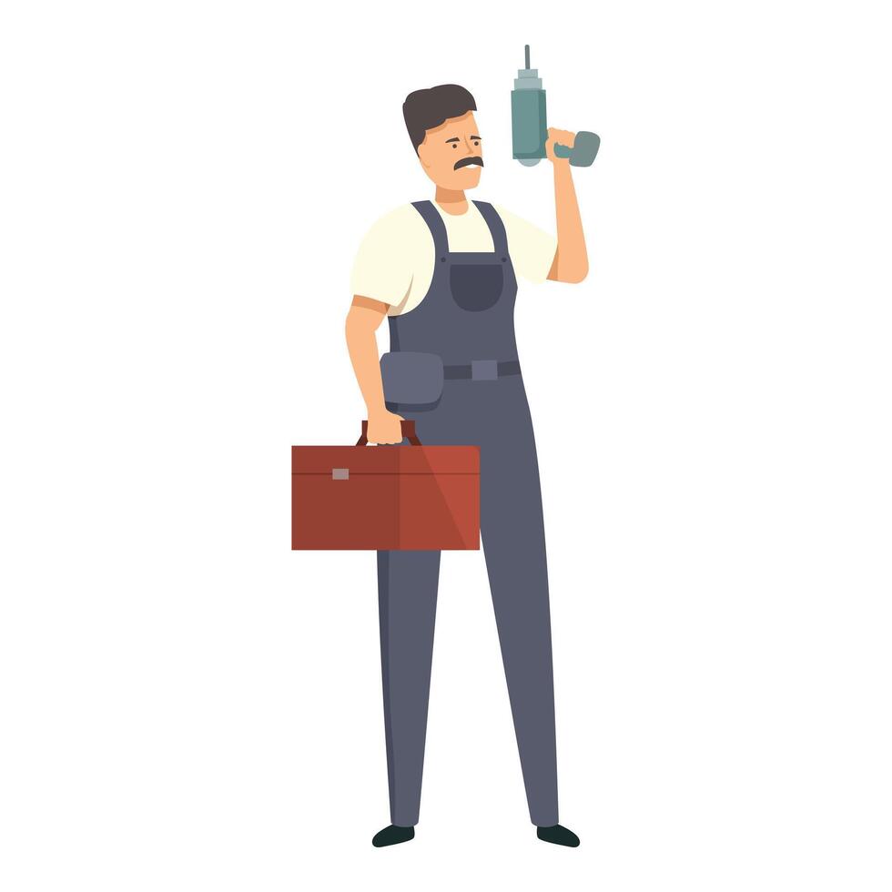 Handyman holding electric drill and carrying toolbox is ready to work vector