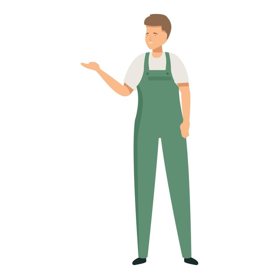 Smiling farmer standing and showing something with hand gesture vector