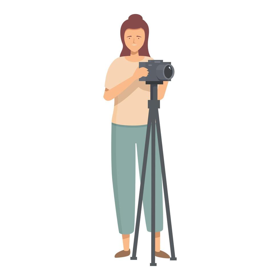 Female photographer taking picture using camera on tripod vector
