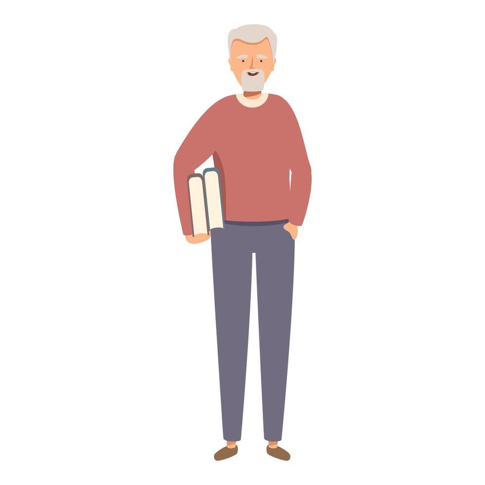 Smiling senior man holding books enjoying retirement and knowledge vector