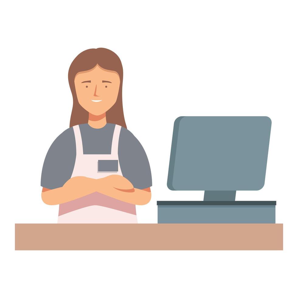 Young cashier woman wearing uniform standing behind counter desk with computer monitor vector