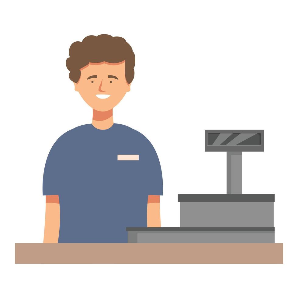 Young male cashier standing behind counter at the checkout working in supermarket vector