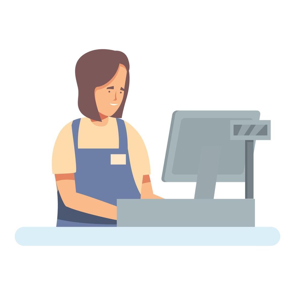 Young cashier working at checkout counter in supermarket vector