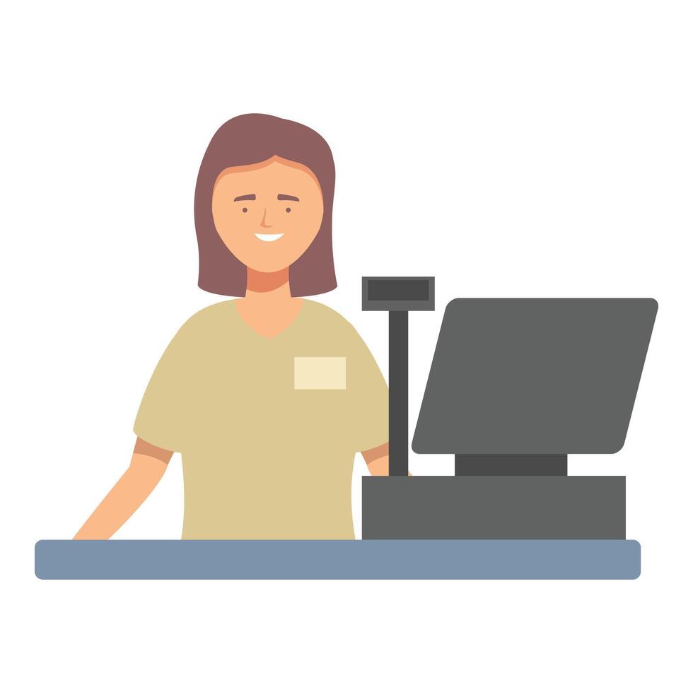 Cashier smiling and standing behind cash register in supermarket vector