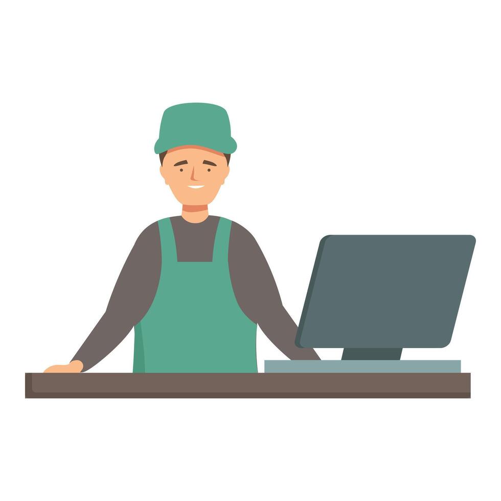 Supermarket cashier standing at checkout counter working on computer vector