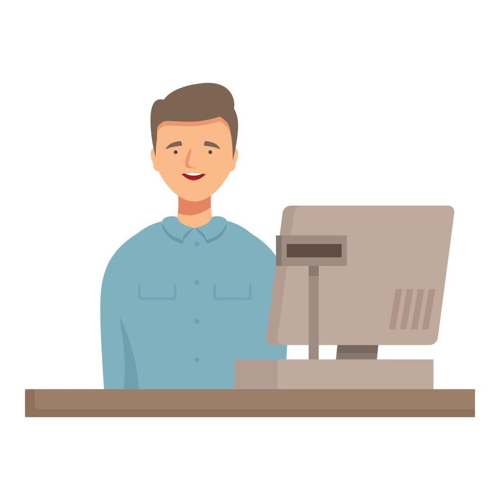 Smiling cashier working at checkout counter with cash register vector