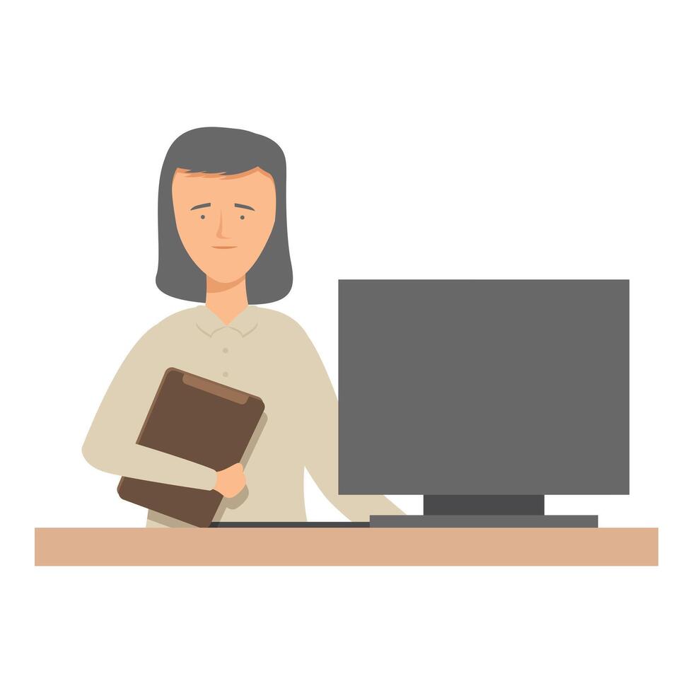 Secretary holding documents standing at desk with computer on it vector