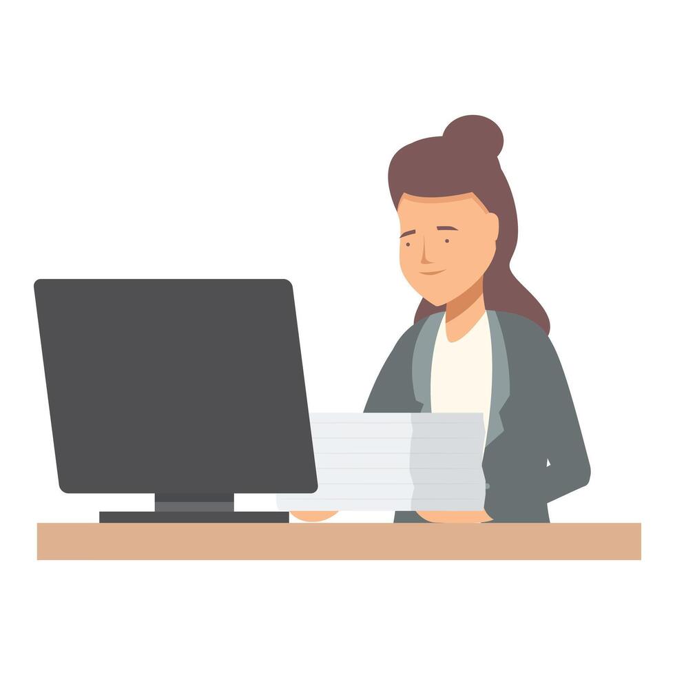 Businesswoman holding paperwork and smiling at office desk vector