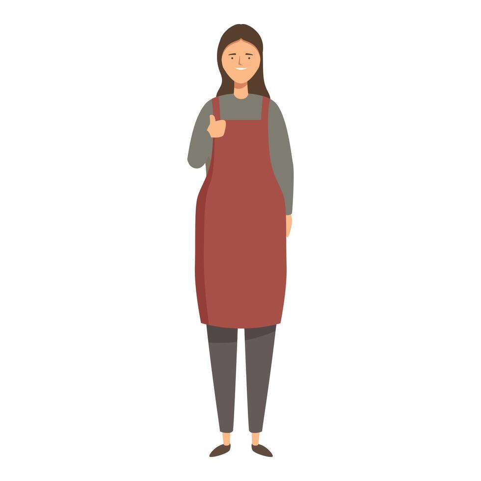 Smiling confident young woman seller wearing apron showing thumb up gesture approving your choice vector