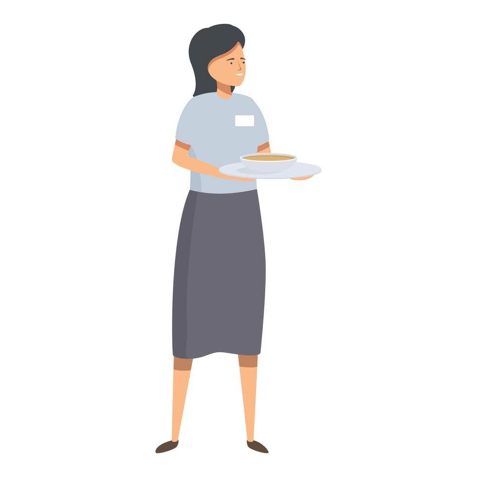 Young waitress holding a plate with a bowl of soup on it vector