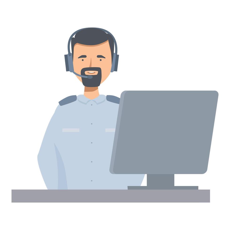 Security guard wearing headset smiling working at desk monitoring computer vector