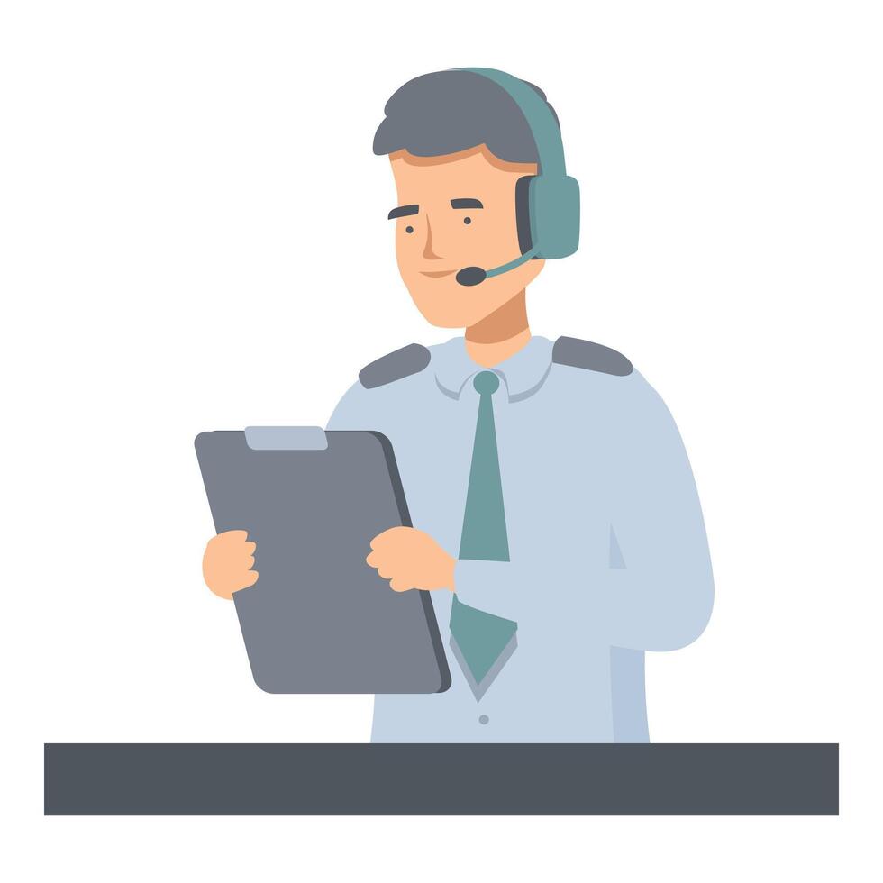 Airline pilot wearing headset is holding a checklist and smiling vector