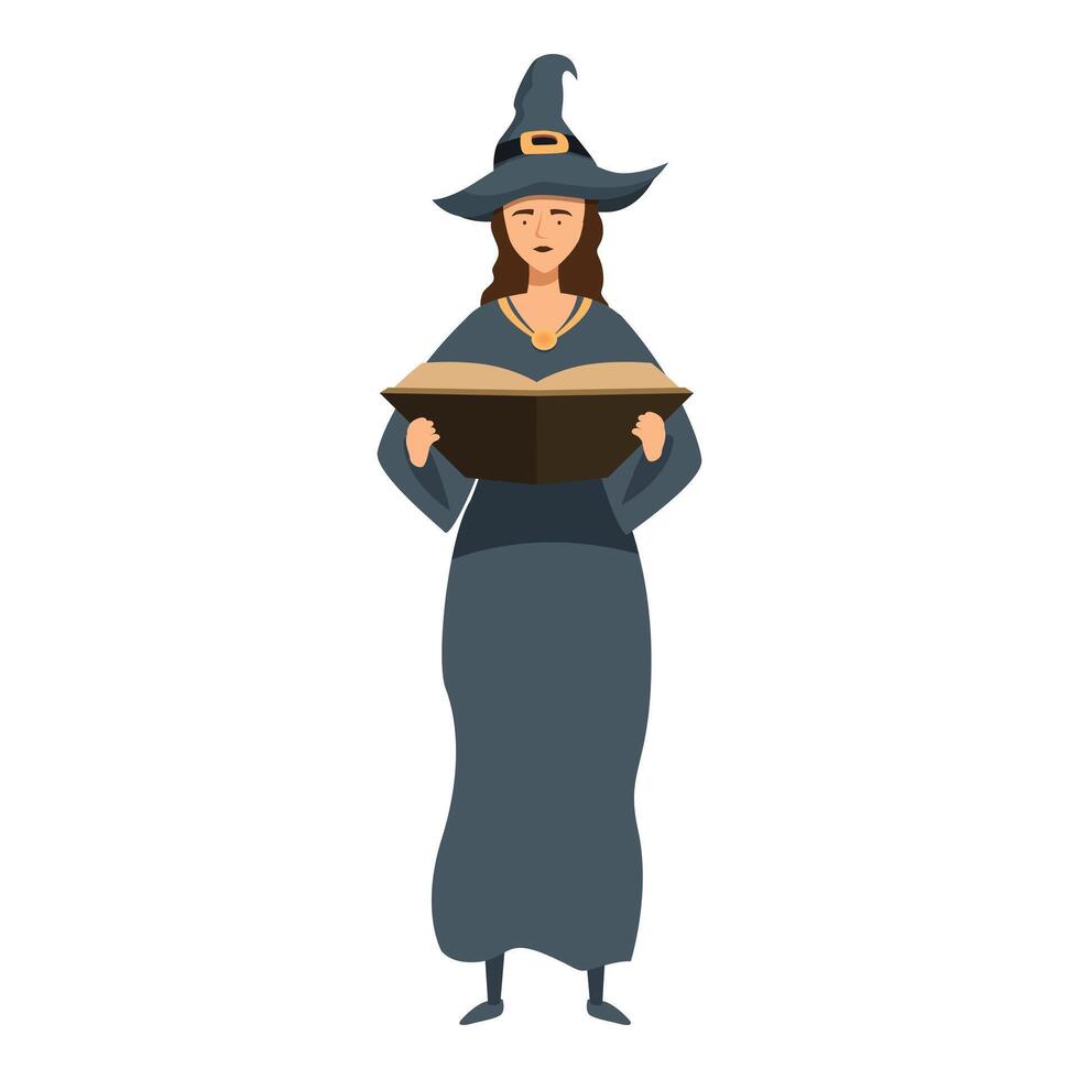 Young witch reading magic book wearing pointed hat vector
