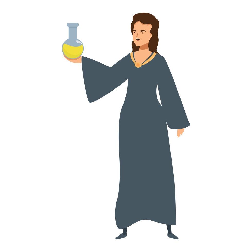 Medieval female alchemist holding a flask with a yellow potion vector