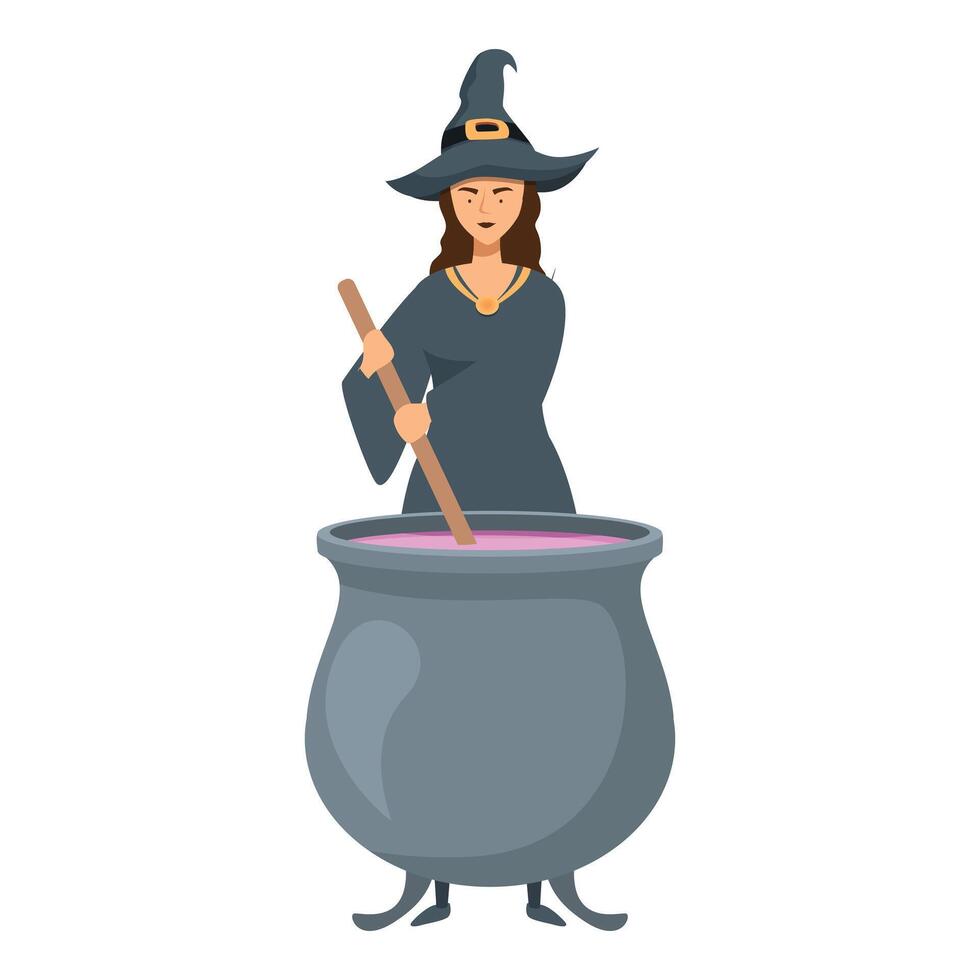 Witch is stirring a pink potion in a cauldron vector