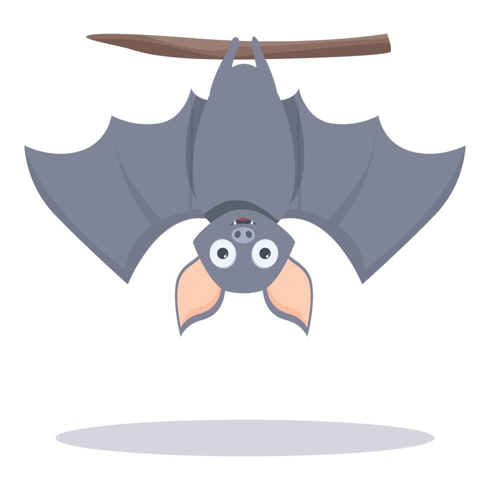 Cute cartoon bat hanging upside down from a tree branch vector