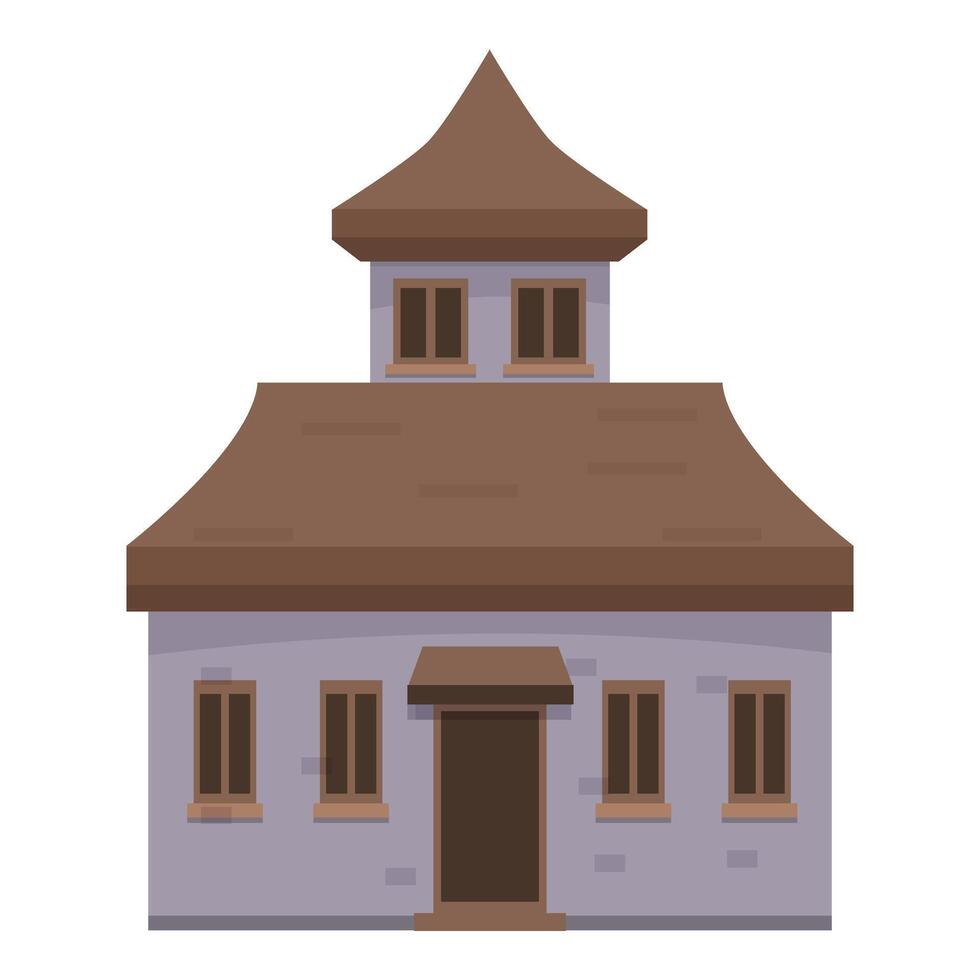 Medieval stone building with brown roof and spire featuring multiple windows vector