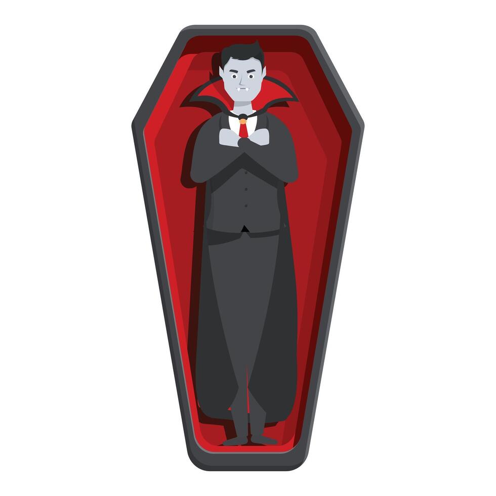Vampire count dracula character standing in coffin crossing arms halloween illustration vector
