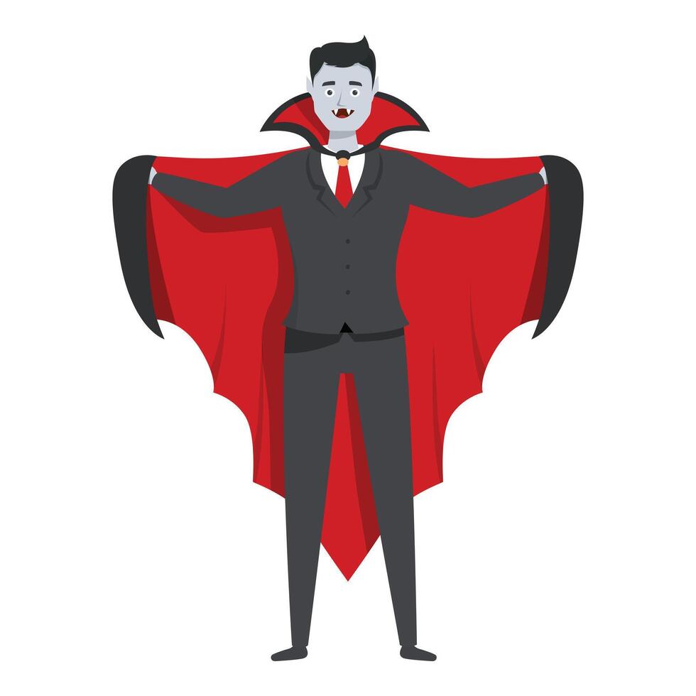 Smiling vampire businessman wearing suit and cape spreading his arms