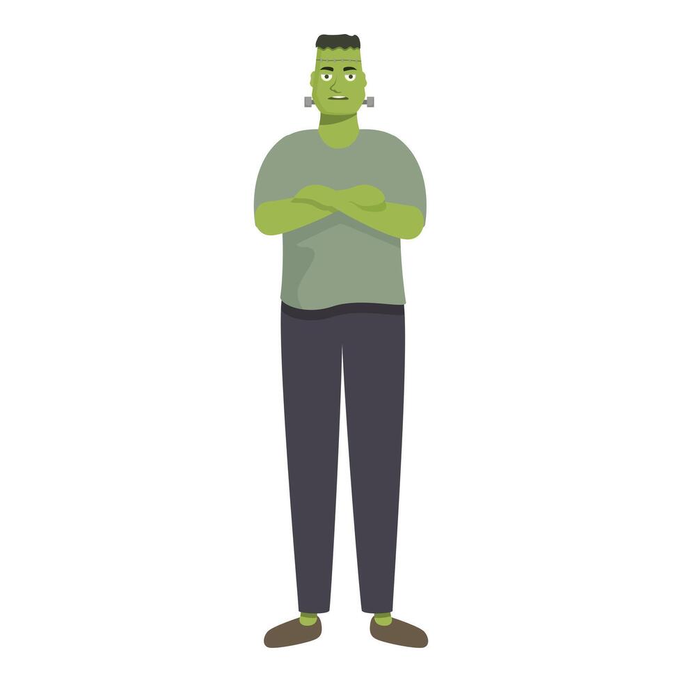 Green cartoon monster character standing with crossed arms vector