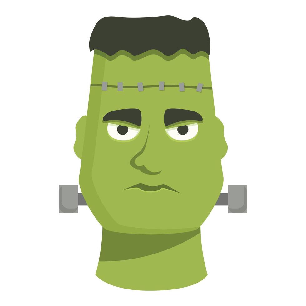 Green cartoon frankenstein's monster frowning with bolts in his neck vector