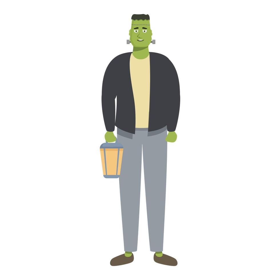 Friendly frankenstein's monster holding lantern and smiling at halloween party vector
