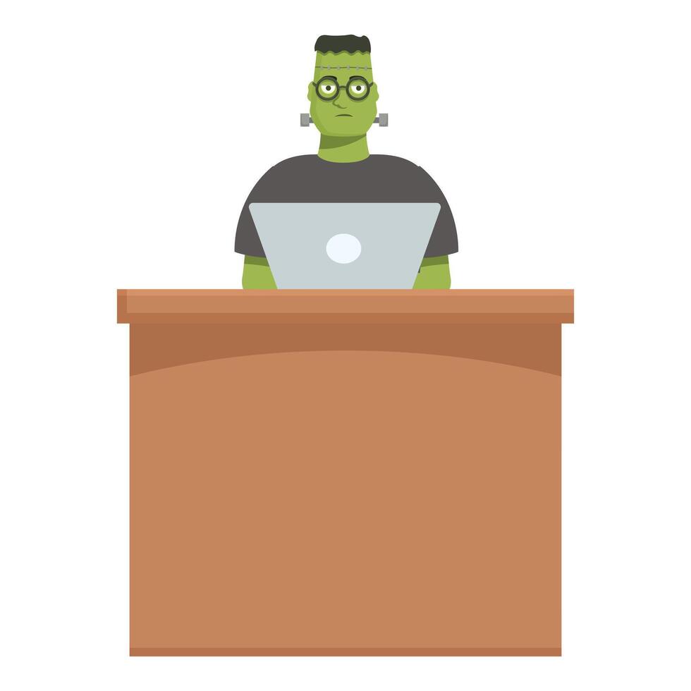 Frankenstein's monster working on laptop at desk in office vector